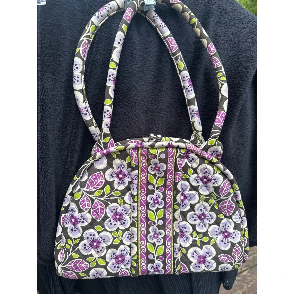 Vera Bradley Java Blue Floral Quilted Kiss Lock Frame Bag Satchel Purse‎ Brown